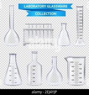 Realistic laboratory glassware collection with test-tubes on plastic stand, beakers isolated on transparent background vector illustration Stock Vector
