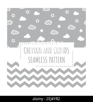 Chevron zig zag and clouds with stars seamless pattern. Two vector patterns in white and grey for paper or fabric. Stock Vector