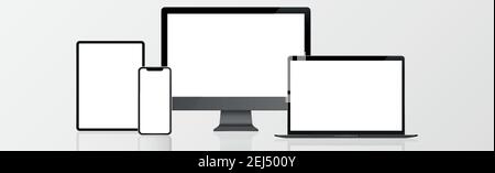 PC Monitor, Laptop, Tablet, Smartphone in Black, Silver and White with Reflection - Realistic Vector illustration Stock Vector