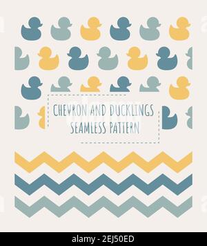 Ducks and zig zag chevron seamless patterns. Two colorful pattern designs with duckling for kids and baby, for paper or print. Stock Vector