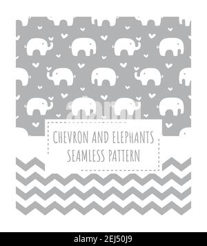 Elephants and chevron grey and white seamless pattern. Two cute baby and kids patterns print for fabric or paper. Stock Vector