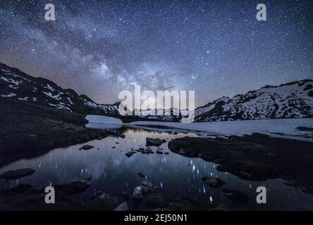 Maladeta range and the Aneto peak at night with the Milky Way. in the sky. Viewed from the other side of the valley, near to Port de Benasque (Spain) Stock Photo