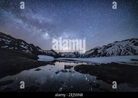 Maladeta range and the Aneto peak at night with the Milky Way. in the sky. Viewed from the other side of the valley, near to Port de Benasque (Spain) Stock Photo