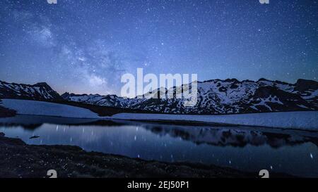 Maladeta range and the Aneto peak at night with the Milky Way. in the sky. Viewed from the other side of the valley, near to Port de Benasque (Spain) Stock Photo