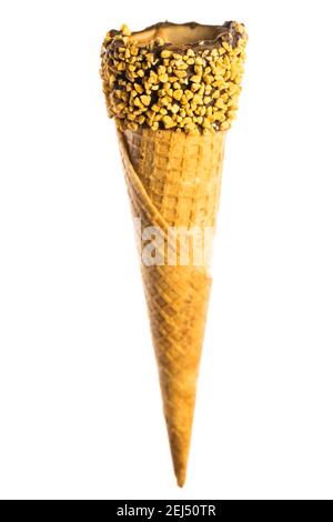 Empty crispy ice cream cone with border of chocolate and nuts isolated on white background Stock Photo