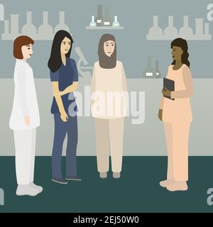 Multi-ethnic group of students talking to professor after lab class. Medical, chemical or biological  university laboratory. Vector illustration Stock Vector