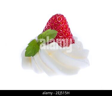 Strawberry, cream and mint isolated on white background Stock Photo