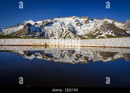 Maladeta Massif and the Aneto summit, the hightest peak in the Pyrenees, in a summer sunrise, seen from the path to the port of Benasque. (Spain) Stock Photo