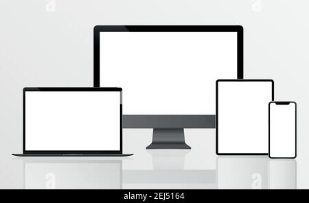 PC Monitor, Laptop, Tablet, Smartphone in Black, Silver and White with Reflection - Realistic Vector illustration Stock Vector