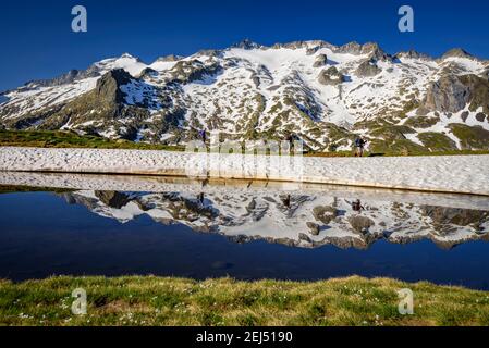 Maladeta Massif and the Aneto summit, the hightest peak in the Pyrenees, in a summer sunrise, seen from the path to the port of Benasque. (Spain) Stock Photo