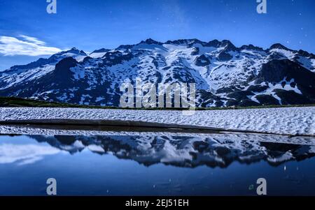 Maladeta range and the Aneto peak at night with the Moon. Viewed from the other side of the valley, near to Port de Benasque (mountain pass, Benasque) Stock Photo