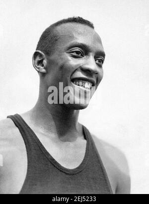 Jesse Owens. Portrait of the American sprinter James Cleveland 'Jesse' Owens (1913-1980)  at the 1936 Berlin Olympics. Stock Photo