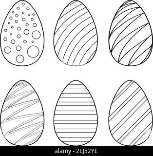 Hand drawn. Adults, children. Black and white. Vector set of Easter eggs illustration. Black style outline isolated on white background with different pattern for greeting card, coloring book  Stock Vector