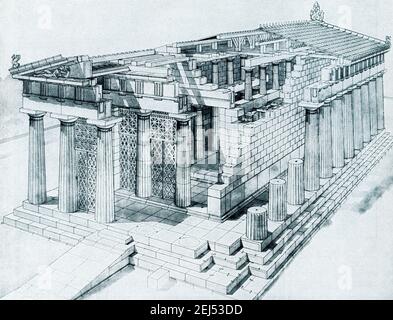 This sketch shows the Temple of Aphaia in Aegina at the beginning of the 5th century BC. It is based on the sdrawing by Furtwangler-Fiechter. The Temple of Athena Aphaia in Aegina: The Temple of Aphaia has been dedicated to goddess Athena and is located on the island of Aegina, on top of a hill. This is one of the ancient architectural wonders of ancient Greece. It was built in 480 BC and 25 of the original 32 Doric columns still stand due to the skill of the restorers. It is situated in a Sanctuary complex in Aegina about 13 km east of the main port. Stock Photo