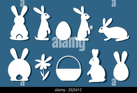 Bunny set. Easter bunny for laser cutting on red background. Icons for greeting card. Vector illustration. Bunny holds an egg in its paws Stock Vector