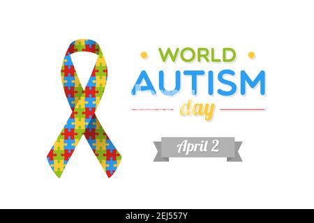 World Autism Day. April 2. Autism awareness ribbon with colorful puzzle pieces. Vector illustration, flat design Stock Vector