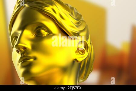 3d render illustration of golden ancient greek female face statue close-up. Stock Photo