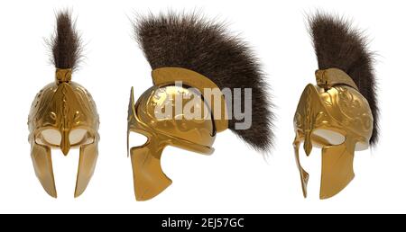 Isolated 3d render illustration of armored spartan warrior helmet different angles on white background. Stock Photo