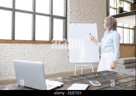 Modern senior female school teacher streaming lesson online, professor, college tutor or coach looking at the whiteboard and explaining a theory Stock Photo