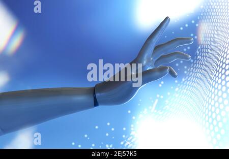 3d rendered illustration of humanoid robot hand touching cyber technological net. Stock Photo