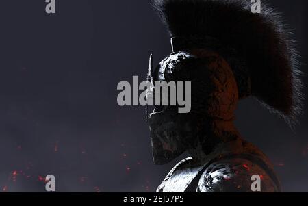 3d render illustration of stone spartan warrior in helmet statue on dark background. Stock Photo