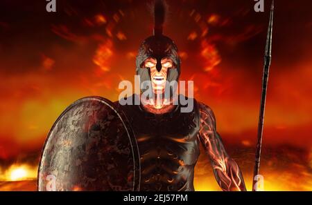 3d render illustration of spartan fire king demigod in armor and helmet, holding spear and shield on battlefield background.