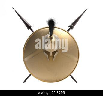 Isolated 3d render illustration of spartan armored helmet, shield and spears on white background. Stock Photo