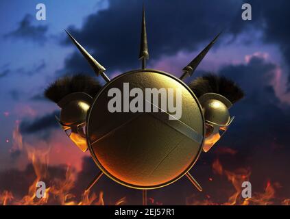 3d render illustration of spartan armored helmet, shield and spears on evening skies background. Stock Photo