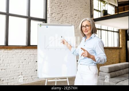 Modern senior female school teacher streaming lesson online, professor, college tutor or coach looking at camera and pointing on the whiteboard Stock Photo