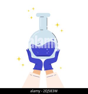 Lab experiment flask. Vaccine discovery concept. Stock Vector