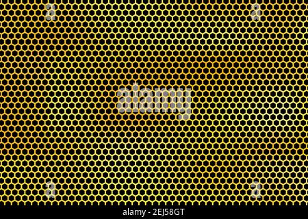 Golden background with honeycomb shapes. Vector illustration. Black pattern with glitter effect. Template texture for invitation, poster, card, banner Stock Vector