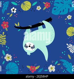 Sloth in various tropical leaves and flowers. Stock Vector