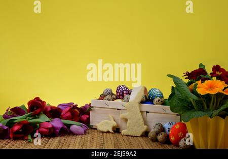 primroses, tulips, painted eggs and bunny shaped cookies on yellow background Stock Photo