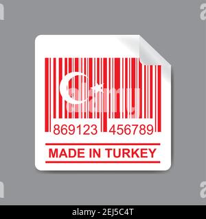 Label with red Barcode and Turkey flag, text-made in Turkey,stock vector illustration. Stock Vector