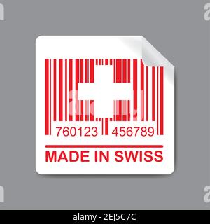 Label with Barcode and swiss flag, text -made in swiss, stock vector illustration. Stock Vector
