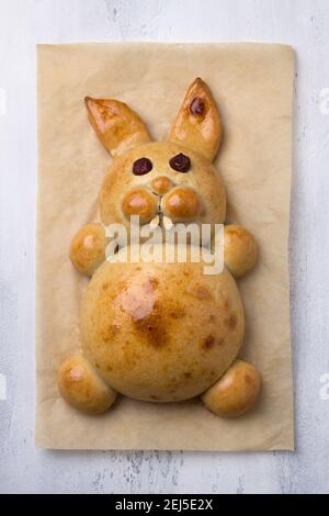 A process of making Easter Bunny Buns of delicious sweet dough. Do it yourself. Step by step instruction. Step 5. Bake the Easter Bunny Bun. Happy eas Stock Photo