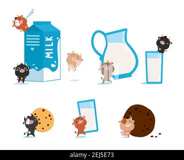 Cartoon cows with glass of milk, jug and cookies. Stock Vector