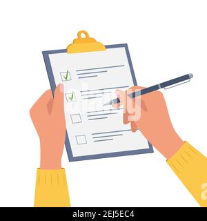 Hands holding clipboard with checklist with green check marks and pen. Human filling control list on notepad. Concept of Survey, quiz, to-do list or a Stock Vector