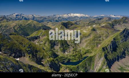 Mont Valier summit. Views towards the Aran Valley and the Maladetas and Aneto massif (Ariège, France) Stock Photo