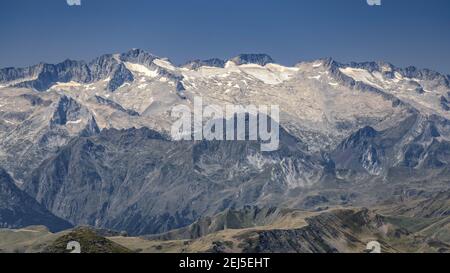Mont Valier's summit. Views towards Aran Valley and the Maladetas range (Ariège, Pyrenees, France) Stock Photo