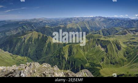 Mont Valier's summit. Views towards the Couserans and the Ariège regions  (Ariège, Pyrenees, France) Stock Photo