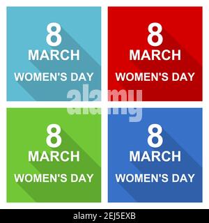 8 march womens day illustration, flat design icons in four color options Stock Vector