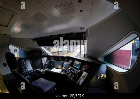 Inside the Driving Cab of a new IEP Class 800 / 801 Train made by Hitachi, England, UK Stock Photo