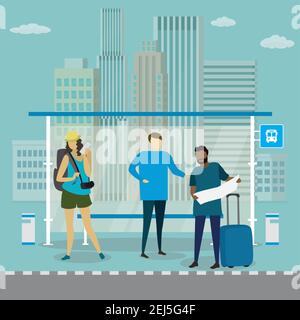 Modern public transport stop and different people travellers,urban landscape on background,trendy simple style,outdoor flat vector illustration Stock Vector