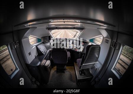 Inside the Driving Cab of a new IEP Class 800 / 801 Train made by Hitachi, England, UK Stock Photo