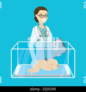 Caucasian female pediatrician doctor little newborn baby,flat vector illustration Stock Vector