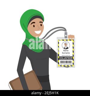 Beauty Arabic famale with volunteer id card or badge,isolated on white background,flat vector illustration Stock Vector