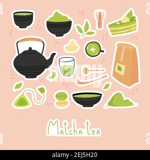 Various tea products made from matcha stickers.  Stock Vector