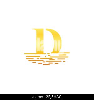Golden initial letter D logo vector template. Letter D in golden color with sunset or sunrise beach or seaside logo design vector Stock Vector
