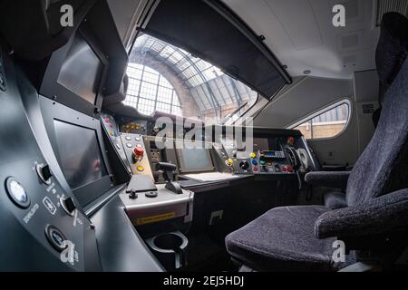 Inside the Driving Cab of a new IEP Class 800 / 801 Train made by Hitachi, England, UK Stock Photo